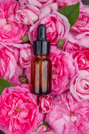 Rose essential oil in a bottle.essential oilsの写真素材