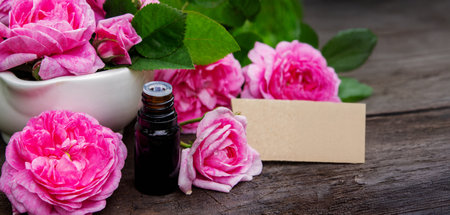 Rose essential oil in a bottle.essential oilsの写真素材
