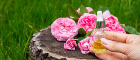 Rose essential oil in a bottle.essential oilsの写真素材