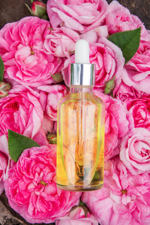 Rose essential oil in a bottle.essential oilsの写真素材