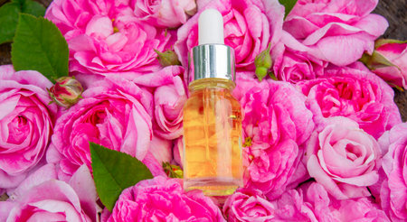 Rose essential oil in a bottle.essential oilsの写真素材