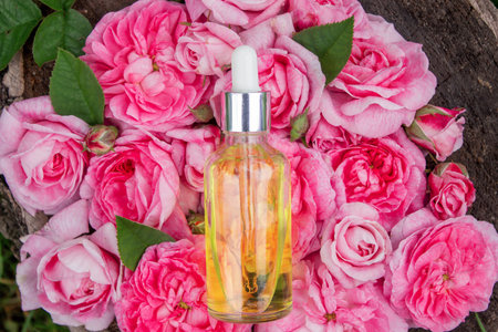 Rose essential oil in a bottle.essential oilsの写真素材