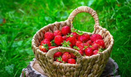 Strawberries in a basket on a stump against a garden background.の写真素材