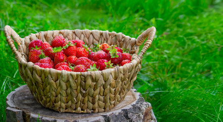 Strawberries in a basket on a stump against a garden background.の写真素材