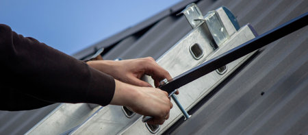 A man is installing solar panel mounts on the roof. Selective focus.の写真素材