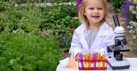 A little girl conducts experiments using test tubes, reagents, and a microscopeの写真素材