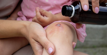 Treating Child's Scraped Knee with Antiseptic.の写真素材