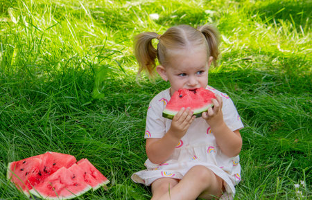 Happy child eating watermelon. Summer.の写真素材