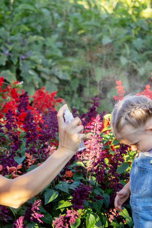 A mother sprays her child with mosquito repellentの写真素材