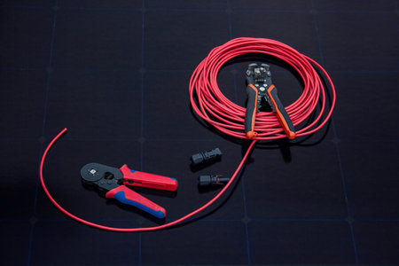 solar panel electrician tools red cable installation equipment renewable energy.の写真素材