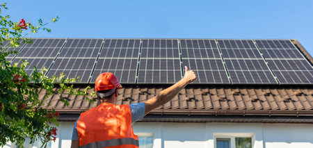 Engineer Showing Thumbs Up at Solar Panels on House Roof.