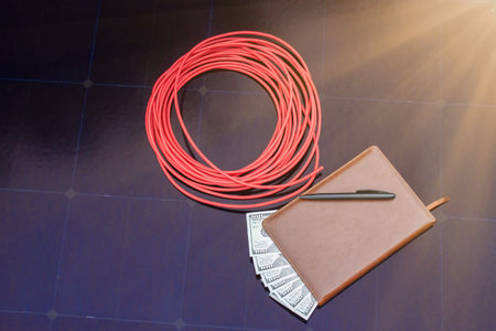 Notebook with Money and Cable on Solar Panel.