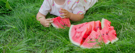 Little girl eating watermelon. Selective focus.の写真素材