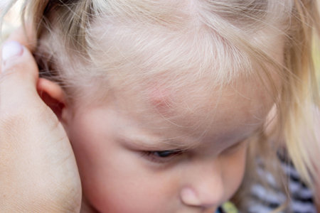 Applying Cream to Child Forehead Insect Bite.の写真素材