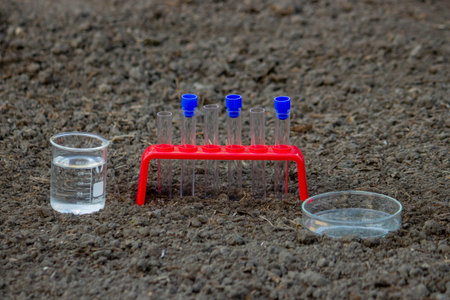 Soil Analysis with Laboratory Equipment Outdoors.の写真素材