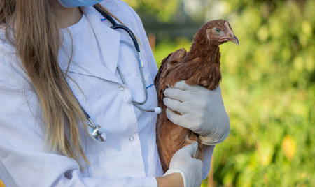 Veterinarian Examining Chicken Outdoors. Selective focusの写真素材