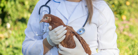 Veterinarian Examining Chicken Outdoors. Selective focusの写真素材