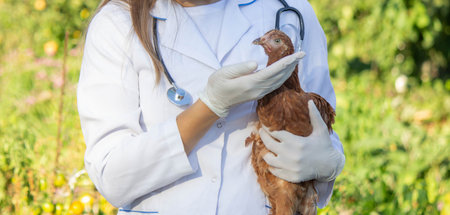 Veterinarian Examining Chicken Outdoors. Selective focusの写真素材