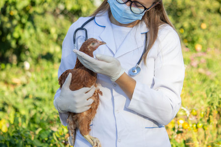 Veterinarian Examining Chicken Outdoors. Selective focusの写真素材