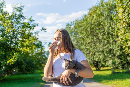 Woman holding a cat. Woman is allergic to cats. Allergy to cat furの写真素材