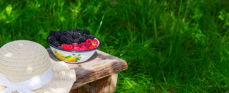 Blackberries and raspberries in a bowl on a stump in the garden.