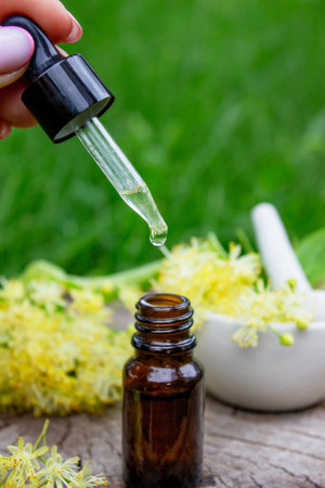 Linden flowers and essential oil, herbal medicine.