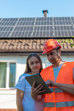 Engineer and woman discussing solar panel installation.