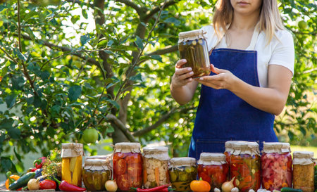 woman canning tomatoes cucumbers vegetables on the background of nature. Selective focus.