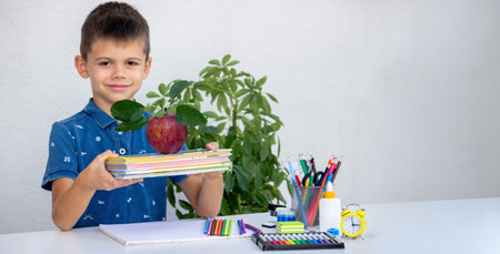 Smiling boy studying with books. School.
