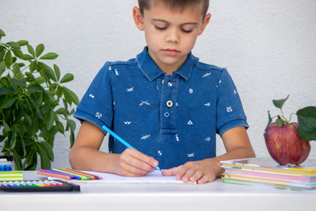 Smiling boy studying with books. School.
