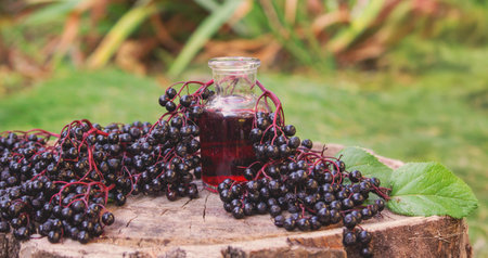 Folk medicine and natural black elderberry syrup on a wooden stump. Elderberry tincture.