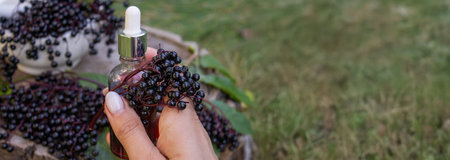 Folk medicine and natural black elderberry syrup on a wooden stump. Elderberry tincture.