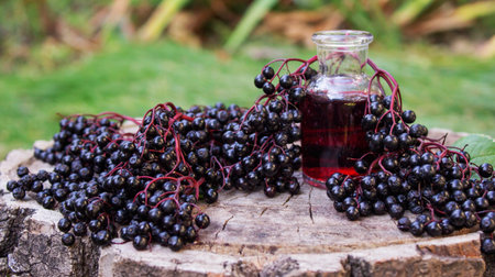 Natural black elderberry syrup on a wooden stump. Elderberry tincture.
