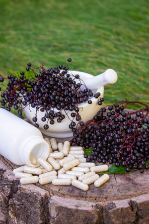 Natural remedies, capsules and immune supplements made from black elderberryの写真素材
