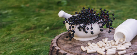 Natural remedies, capsules and immune supplements made from black elderberryの写真素材