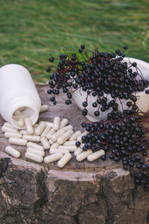 Natural remedies, capsules and immune supplements made from black elderberryの写真素材
