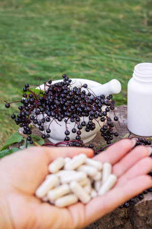 Elderberry and Capsules for Immunity in Hand.の写真素材