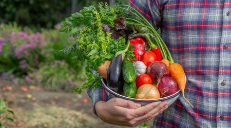 Farmer Holding a Bowl of Fresh Organic Vegetables Harvested from the Garden.の写真素材