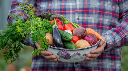 Farmer Holding a Bowl of Fresh Organic Vegetables Harvested from the Garden.の写真素材