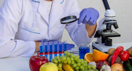 Female scientist examining fresh fruits and vegetables with a magnifying glass in a lab.