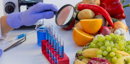 Female scientist examining fresh fruits and vegetables with a magnifying glass in a lab.の写真素材