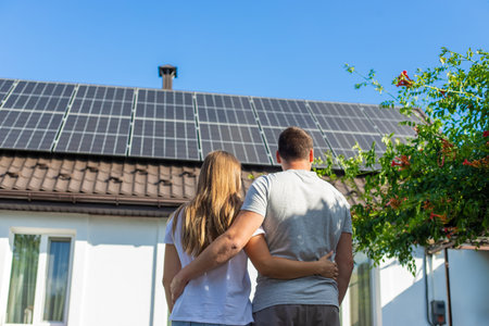 Young couple embracing, looking at solar panels on the roof of their house.の写真素材