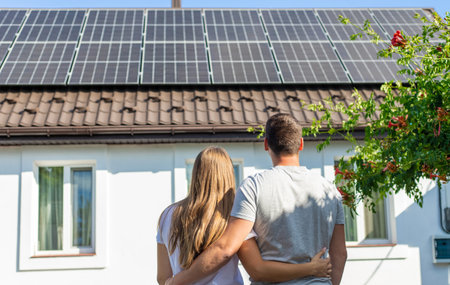 Young couple embracing, looking at solar panels on the roof of their house.の写真素材