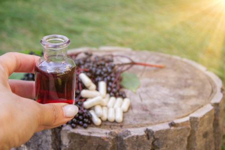 Elderberry berries, syrup and capsules on a wooden stump. Medical propertiesの写真素材