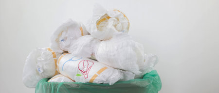 Diapers Waste: Overflowing trash bin filled with used baby diapers.の写真素材