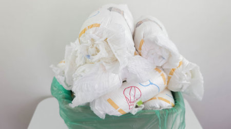 Diapers Waste: Overflowing trash bin filled with used baby diapers.の写真素材