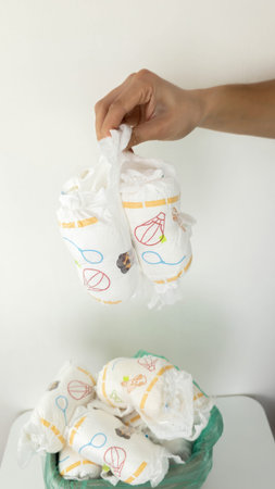 Hand Throwing Away Used Diaper into the Full Trash Bin.