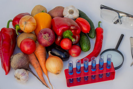 Microscope, test tubes, and fresh vegetables on a lab table for nutritional research.の写真素材