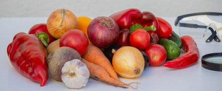 Microscope, test tubes, and fresh vegetables on a lab table for nutritional research.