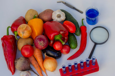 Microscope, test tubes, and fresh vegetables on a lab table for nutritional research.の写真素材